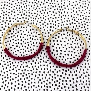 Gold tone, burgundy thread wrapped hoop earrings